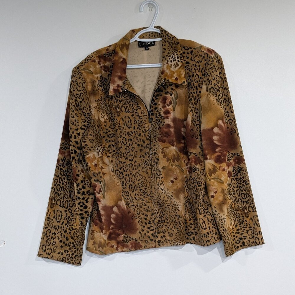 Lindor Animal Print and Floral Zip Up Jacket Brown Size 16